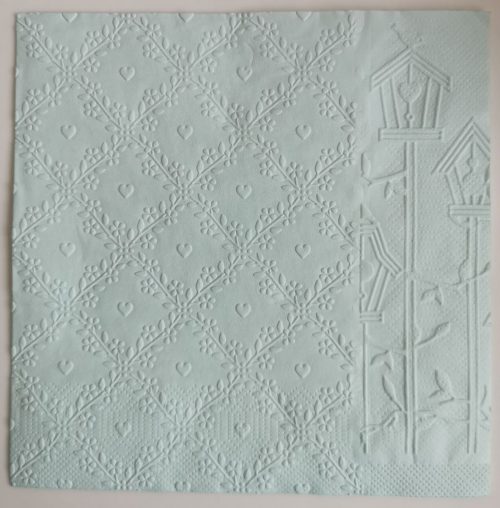 Reliéfne servítky pastelovo modré (Baby Blue) 33×33 cm – vzor Srdiečka s búdkami