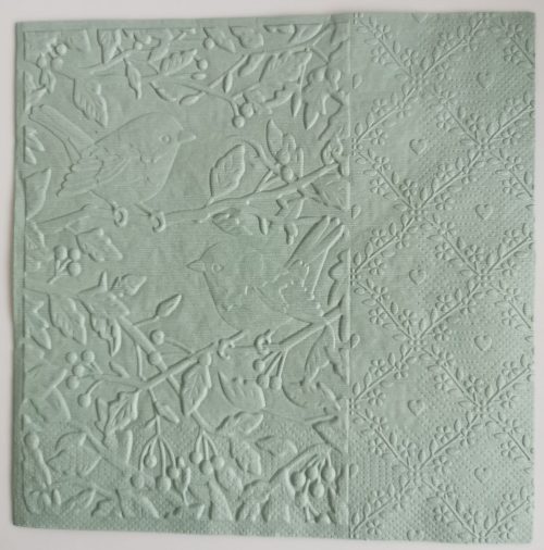 Reliéfne servítky šalviovo zelené (Sage) 33×33 cm – vzor Zaláskané vrabčeky