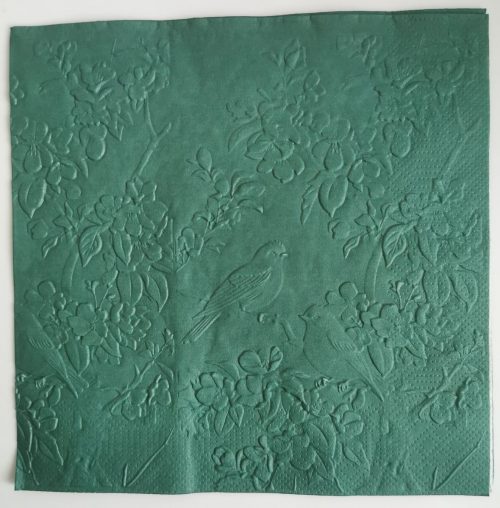 Reliéfne servítky smaragdovo zelené (Emerald) 33×33 cm – vzor Škovránky v záhrade